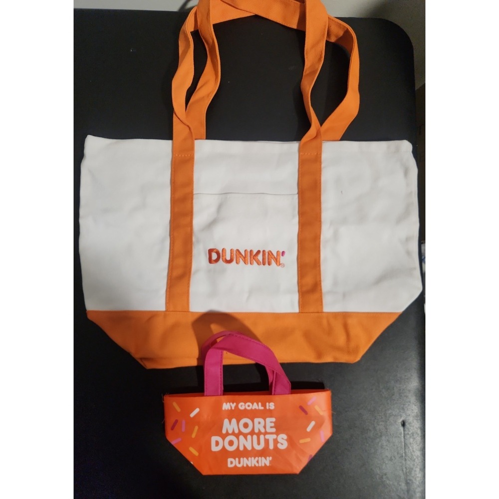 Dunkin Tote Bag Lot Orange Large Canvas & Pink Mini Nylon Sprinkles Limited Set